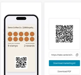 Demo Coffee Co. card with a counter QR and download buttons for the marketing kit
