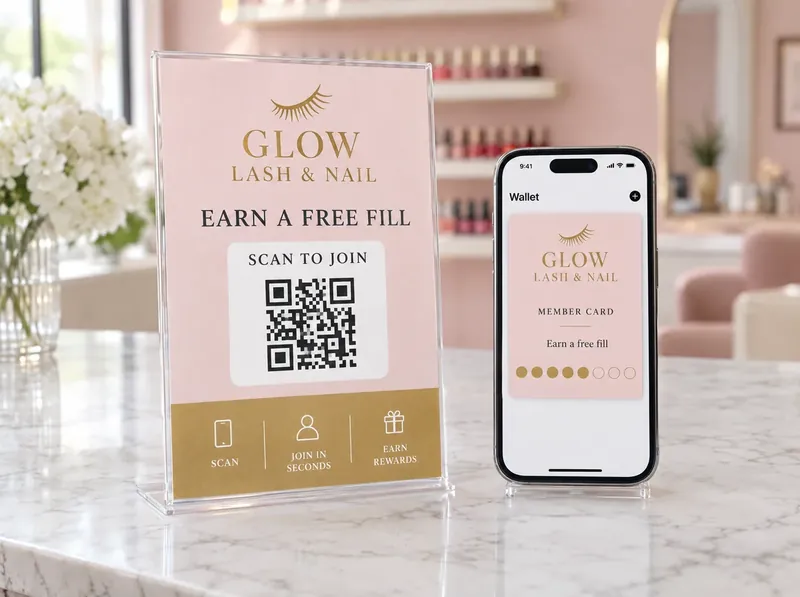 Salon counter with a Glow Lash & Nail digital loyalty card QR stand and an iPhone showing the card