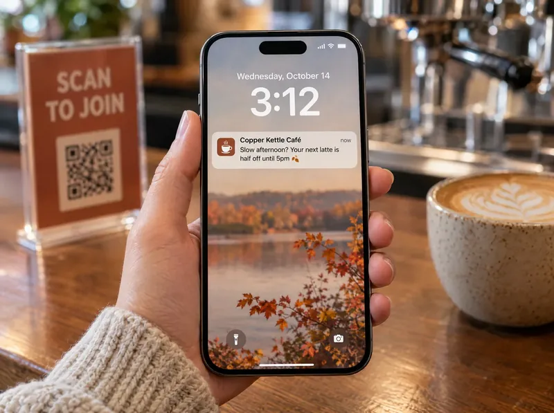 Hand holding a phone at a café with a Copper Kettle Café digital loyalty card offer on the lock screen