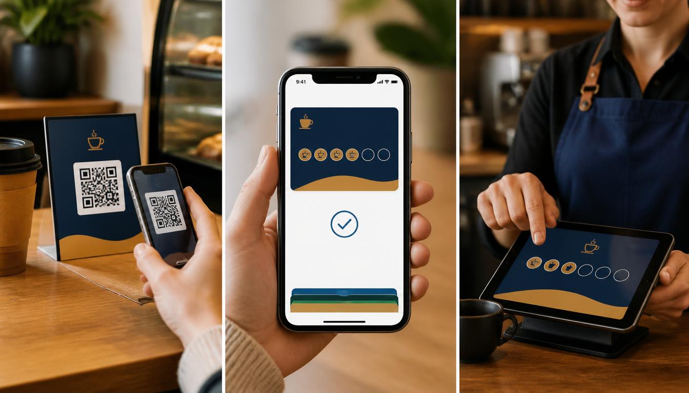 A customer scanning a countertop QR display, a loyalty card saving to a phone wallet, and a staff member redeeming a reward on a tablet